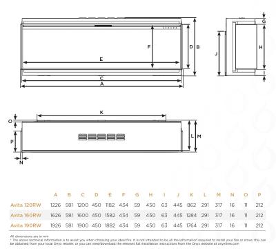 Onyx Avita 160RW Media Wall Fire - Sizes
